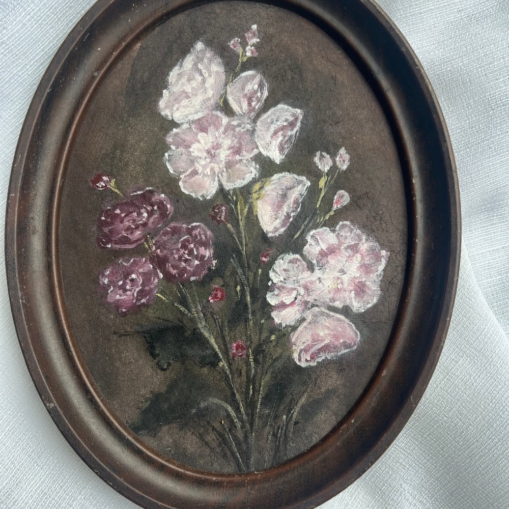 “The Last Hollyhock” Oval Floral Oil Painting in Soft Pinks